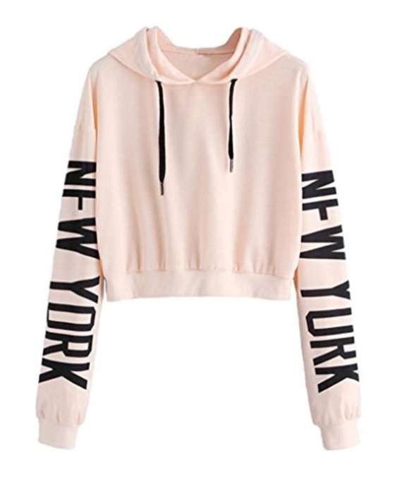 PINK NEW YORK CROPPED HOODIE FOR womens 1010 - AceCart Warm Hooded Sweatshirt in Pink