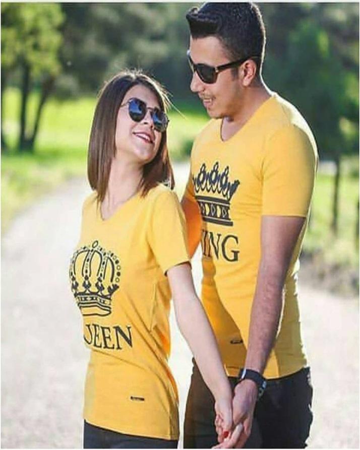 Pack Of 2 - Yellow Cotton Printed T-Shirts For Couples - Front View - AceCart