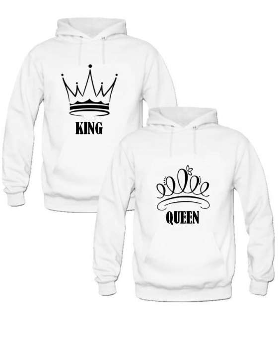 Pack Of 2 White King Queen Printed Hoodie For Both - AceCart Warm Hooded Sweatshirt in White