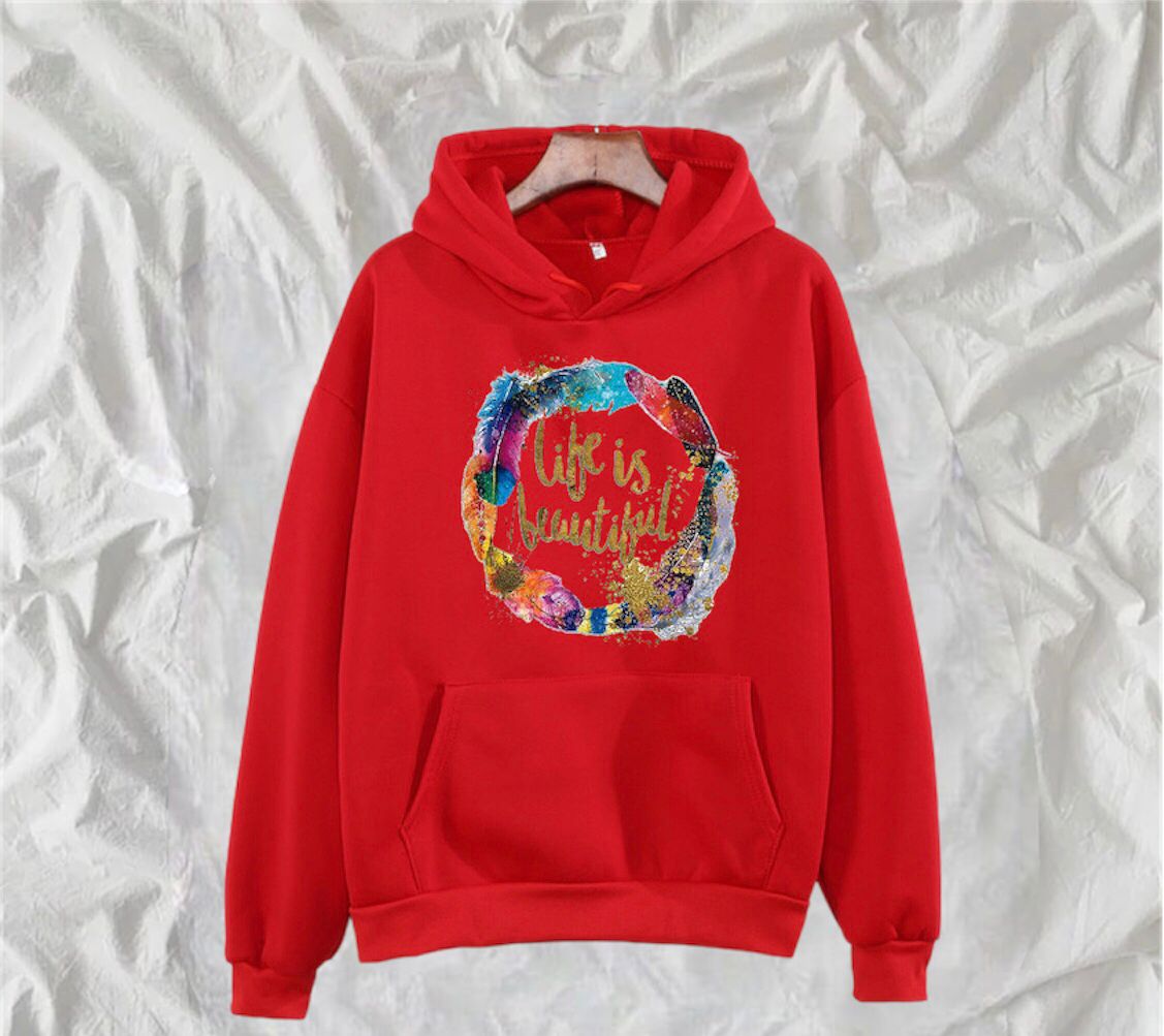 Life Is Beautiful Printed Fleece Full Sleeves Pull Over Hoodie For Women