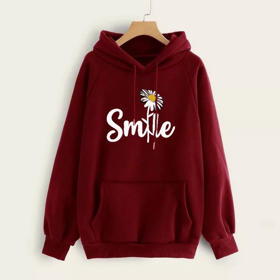 Smile Printed Fleece Full Sleeves Pull Over Hoodie For Women