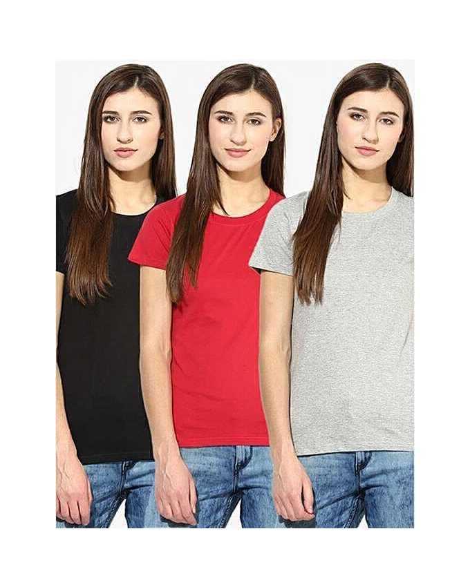 Pack of -3 Multicoor Cotton Basic Tshirts For Women - Front View - AceCart