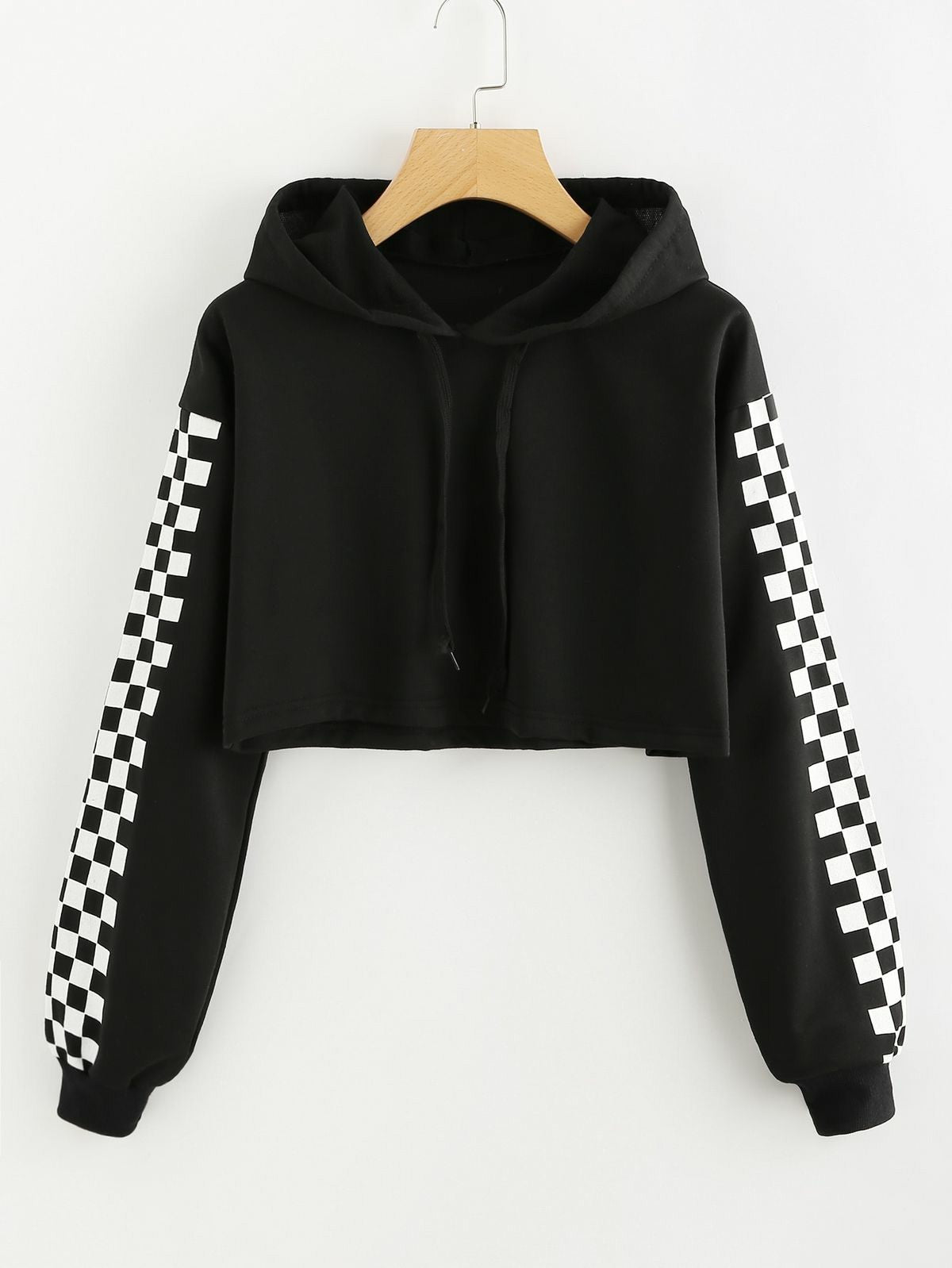 Black Checkered Fleece Full Sleeves Cropped Hoodie For Women