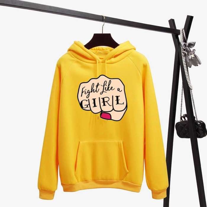 Fight Like A Printed Casual Fleece Hoodies Kangaroo Hoodie Pocket Pullovers Fashion Long Sleeves Winter Wear Export Quality Hoody For women 165 - AceCart Warm Hooded Sweatshirt in Yellow