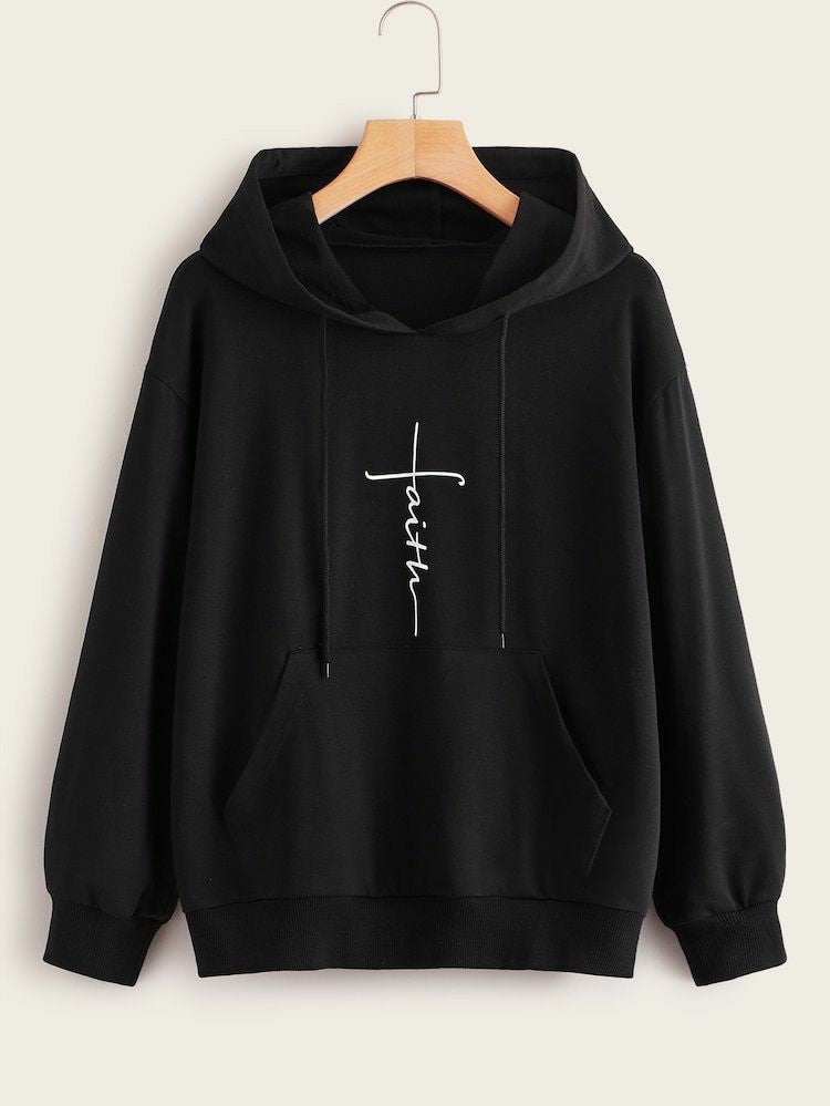 Black Faith Printed Fleece Full Sleeves Pull Over Hoodie