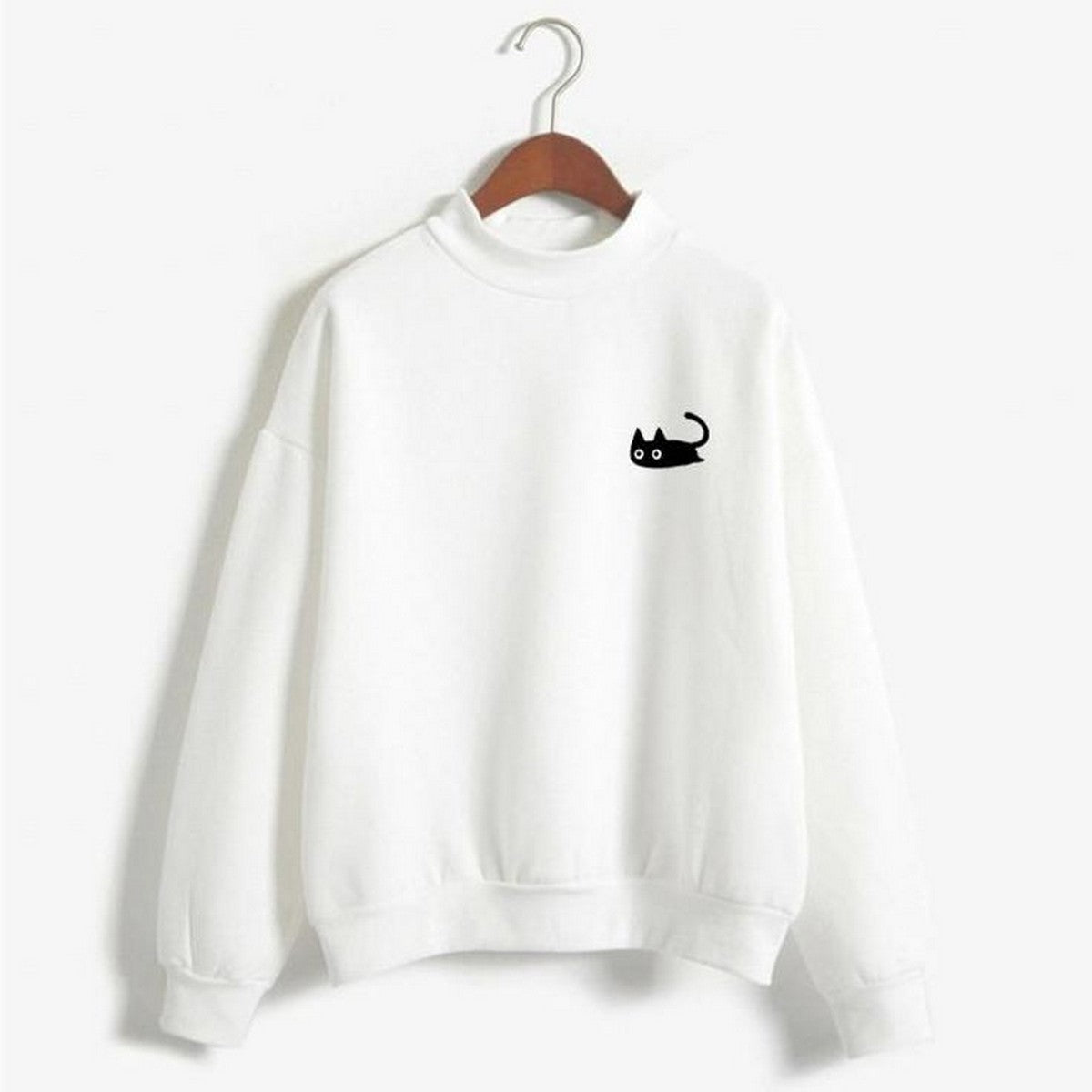 Pocket Cat Printed Fleece Full Sleeves Pull Over Sweatshirt For Women