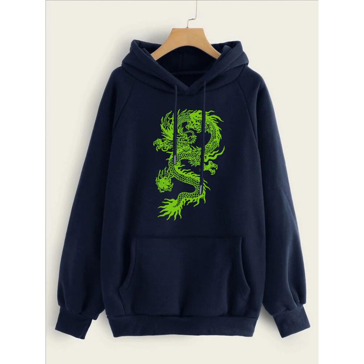 Dragon Printed Fleece Full Sleeves Pull Over Hoodie For Women