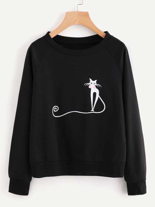 Cat Long Tail Printed Cotton Fleece Sweatshirt for Women OWA SShirtW BlCatLT - AceCart Warm Hooded Sweatshirt in Black