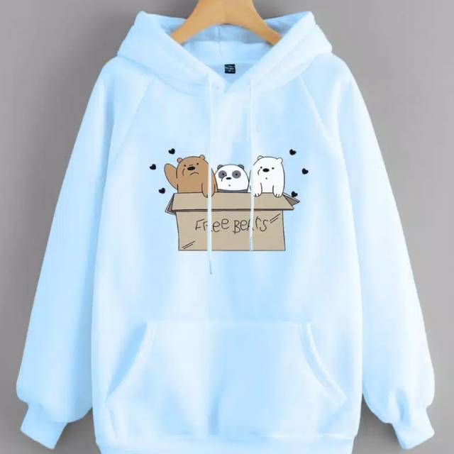 Sky Blue Free Bear Fleece Full Sleeves Hoodie For Women