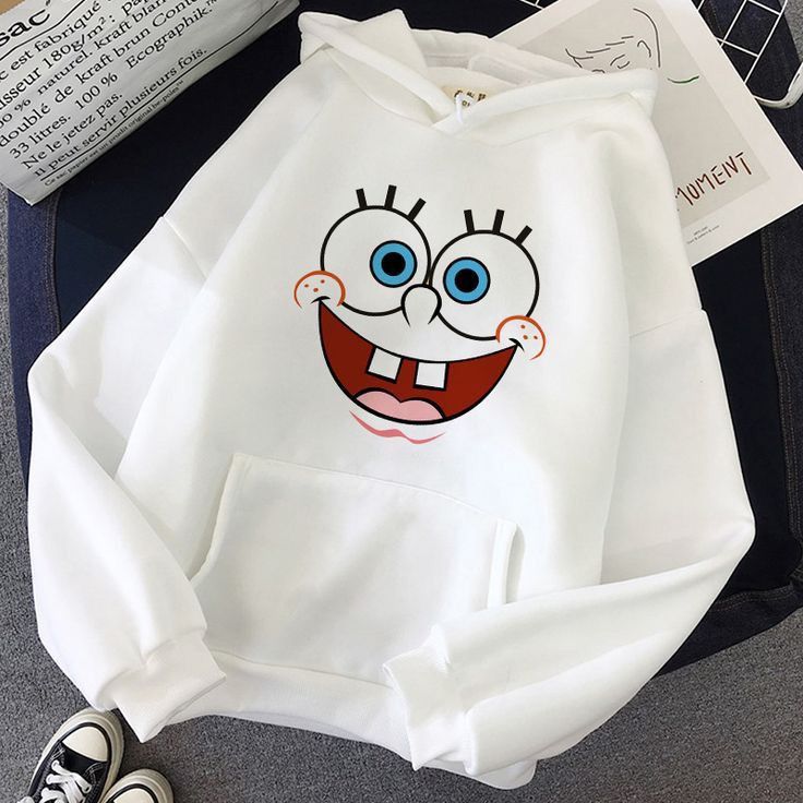 White Spongebob Printed Winter Fleece Full Seeves Hoodie For Women