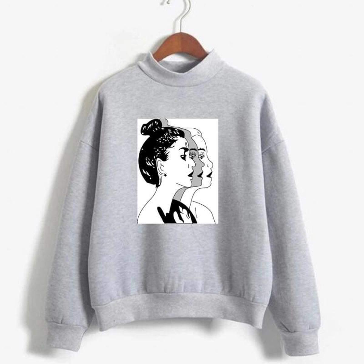 Girl Sketch Printed Fleece Ribbed Neck Fullsleeves Pullover Sweatshirt