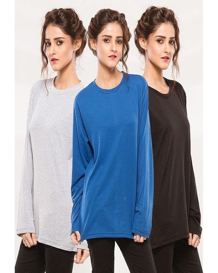 Pack Of 3 - Black Blue and Grey Cotton Plain T-Shirts For Women - Front View - AceCart