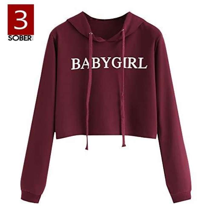 Fleece Cotton Crop Hoodie Women 794 - AceCart Warm Hooded Sweatshirt in Maroon