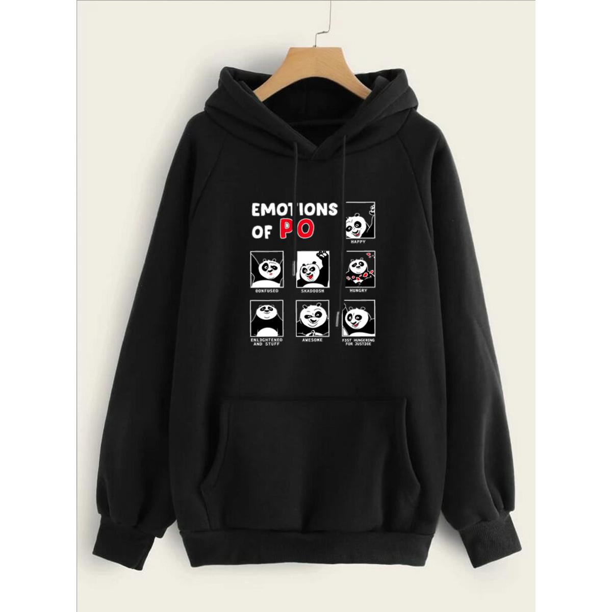 Emotions Of Panda Printed Fleece Full Sleeves Pull Over Hoodie For Women