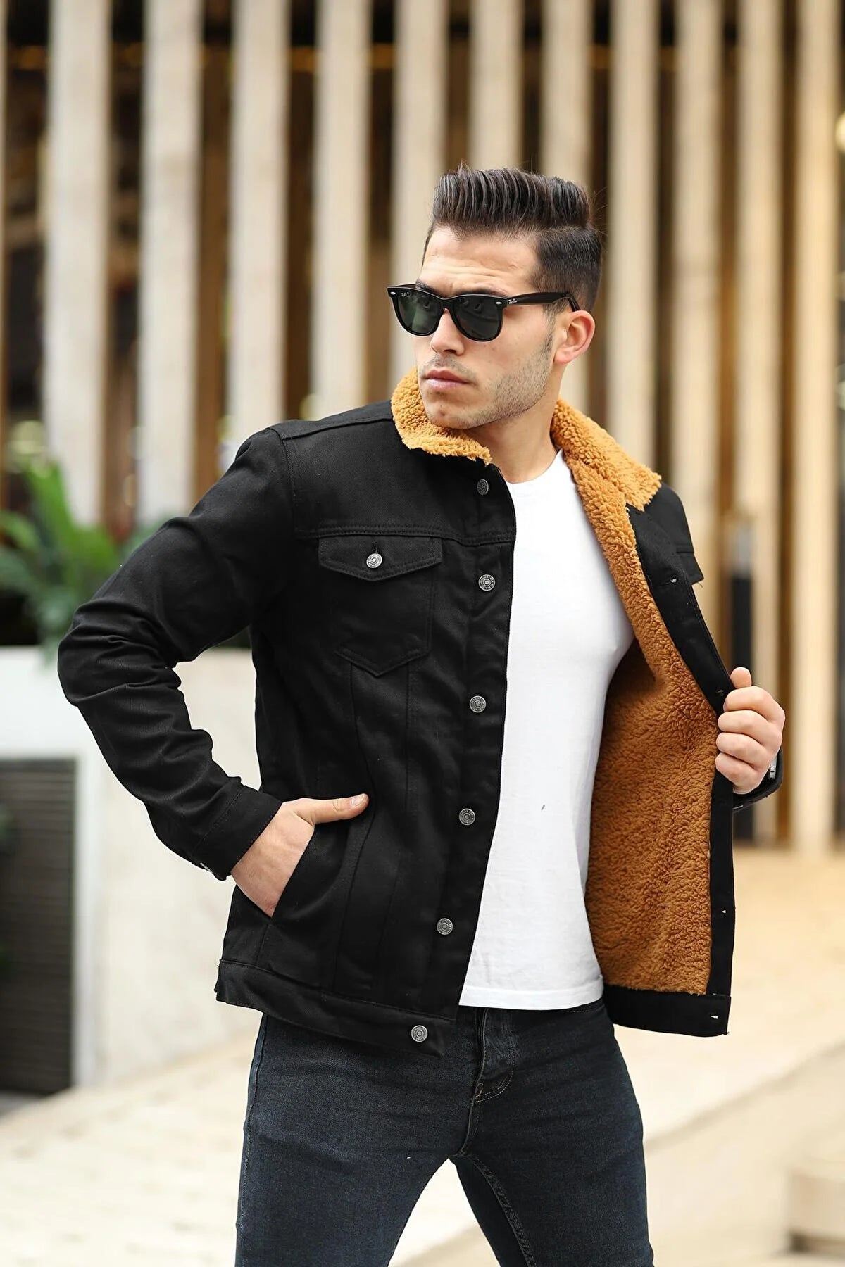 Black Denim Jacket With Brown Fur Side Pose - Ace Cart