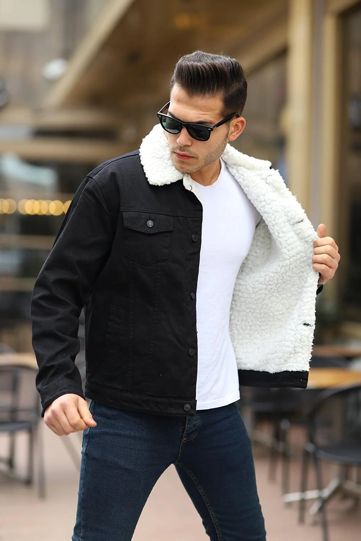 Black Denim Jacket With White Fur