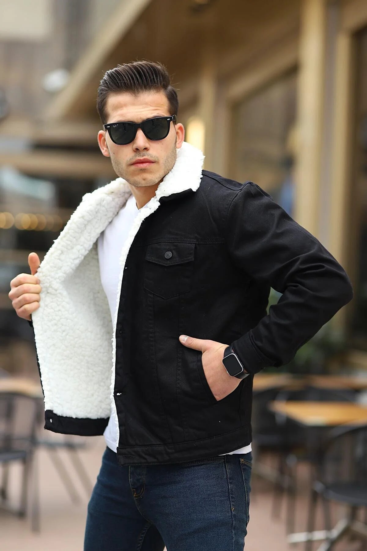 Black Denim Jacket With White Fur Side Pose - Ace Cart