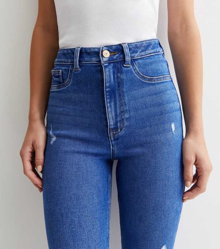 Bright Blue High Waist Ripped Knee Super Skinny Jeans