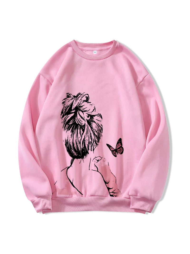 Cute Anime Butterfly Fleece Full Sleeves Winter O Neck Export Quality Sweatshirt For Women