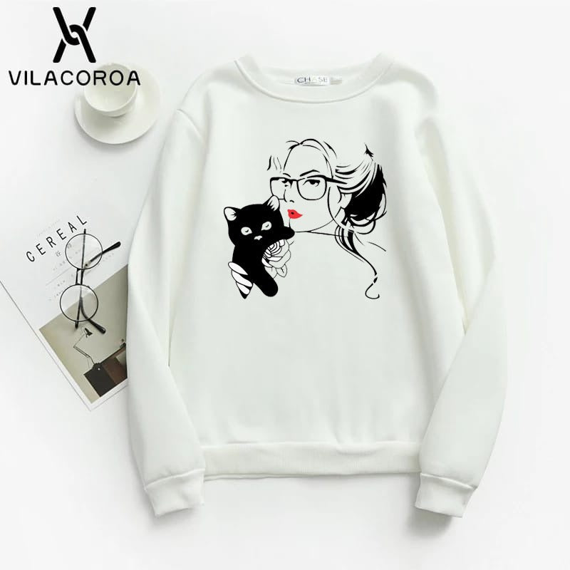 Cat Lover Printed Fleece Full Sleeves Pull Over Sweatshirt For Women