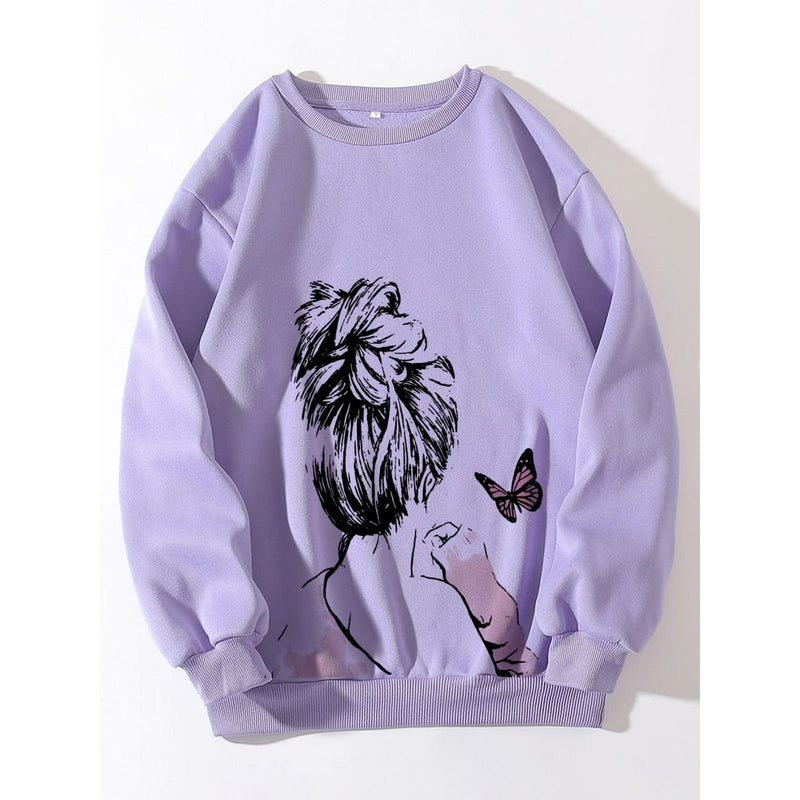 Cute Anime Butterfly Fleece Full Sleeves Winter O Neck Export Quality Sweatshirt For Women