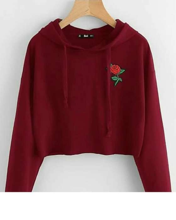 MAROON FLOWER PATCH CROPPED HOODIE FOR womens 631 - AceCart Warm Hooded Sweatshirt in Maroon