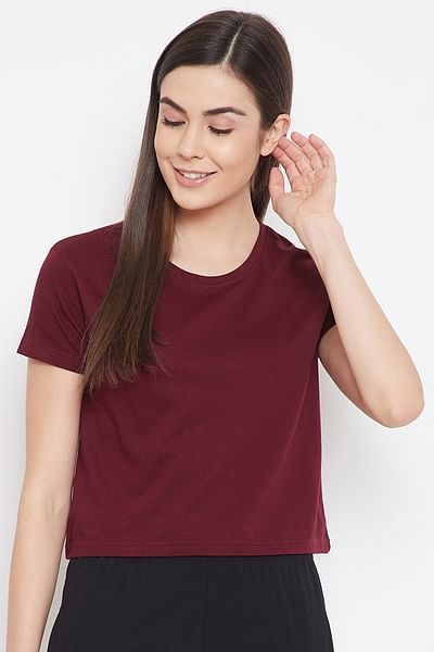 Basic Cropped Casual Tee in Maroon - 100% Cotton