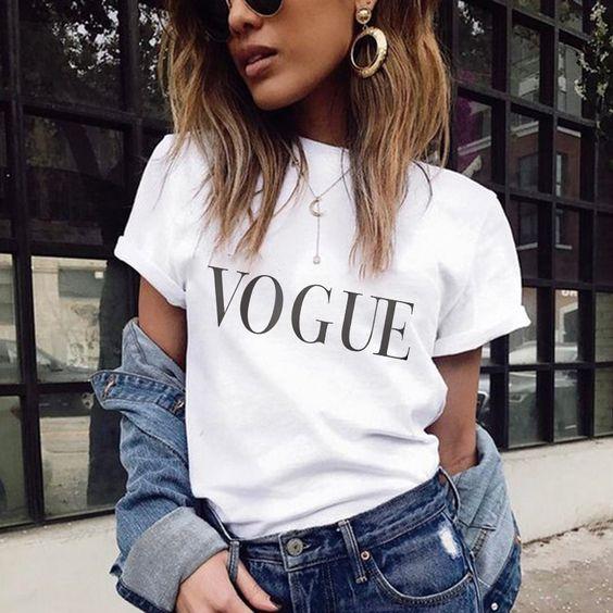 VOGUE Letter Printed T-Shirt For Elegant Women - Front View - AceCart