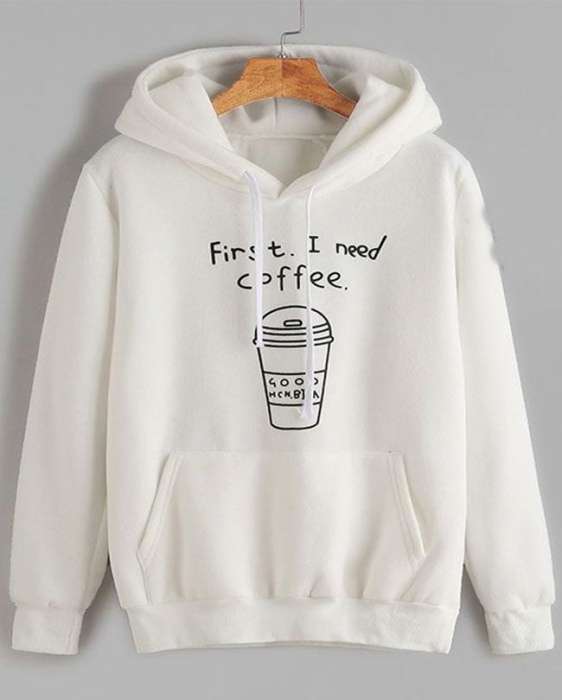 I Need Coffee White Fleece Hoodie For Women - AceCart Warm Hooded Sweatshirt in White