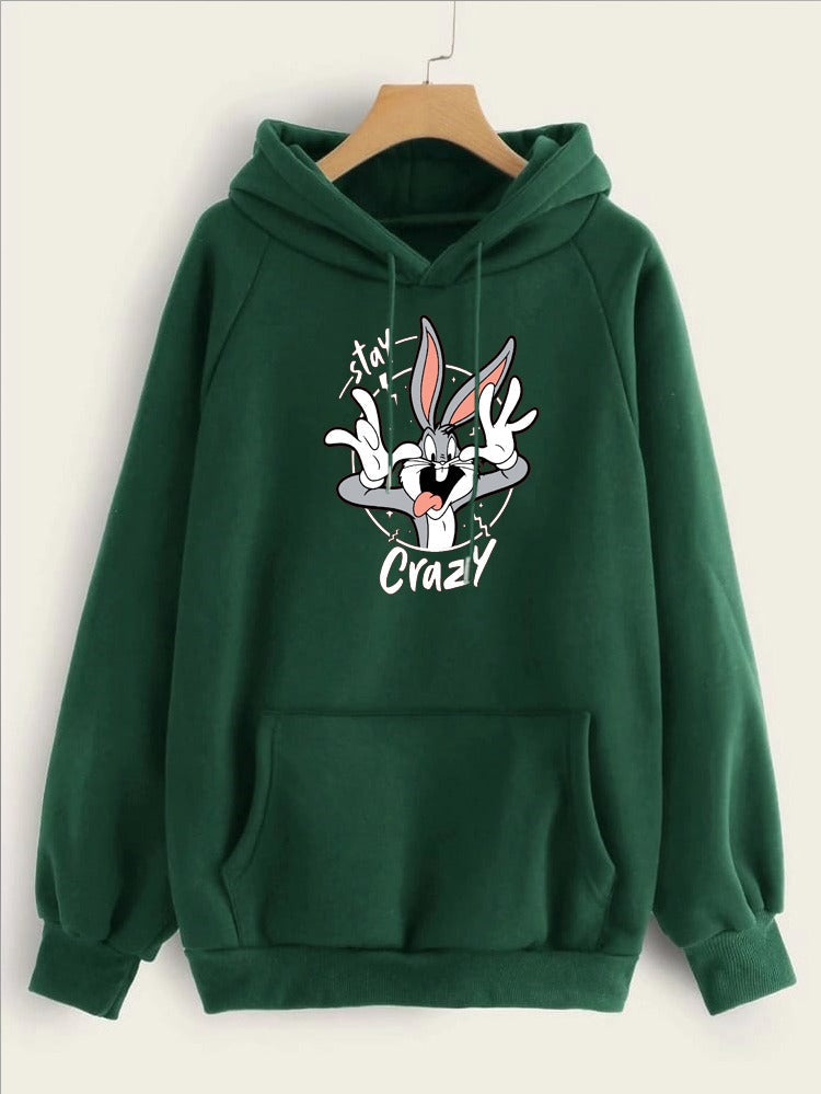 Stay Crazy Bugs Bunny Printed Fleece Full Sleeves Pull Over Hoodie For Women