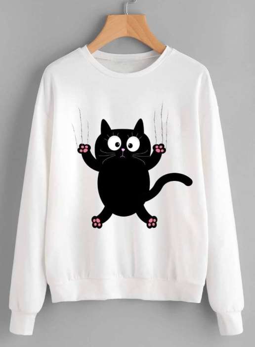 White Cat Printed Sweatshirt For Woman - AceCart Warm Hooded Sweatshirt in White