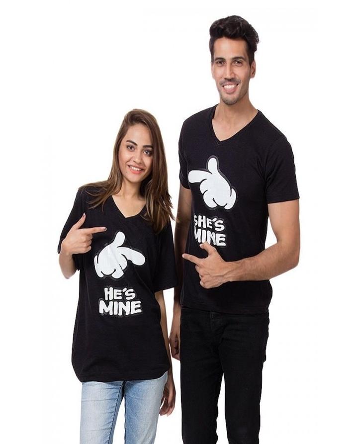 Pack of 2 - Black Cotton Printed T-Shirts for Couple - Front View - AceCart