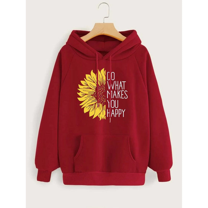 Do WHat Makes You Happy Printed Fleece Full Sleeves Pull Over Hoodie For Women