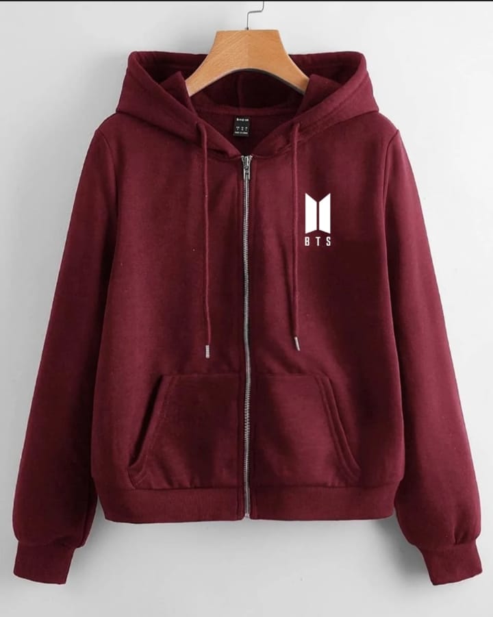 Maroon BTS Fleece Full Sleeves Zipper Hoodie For Women