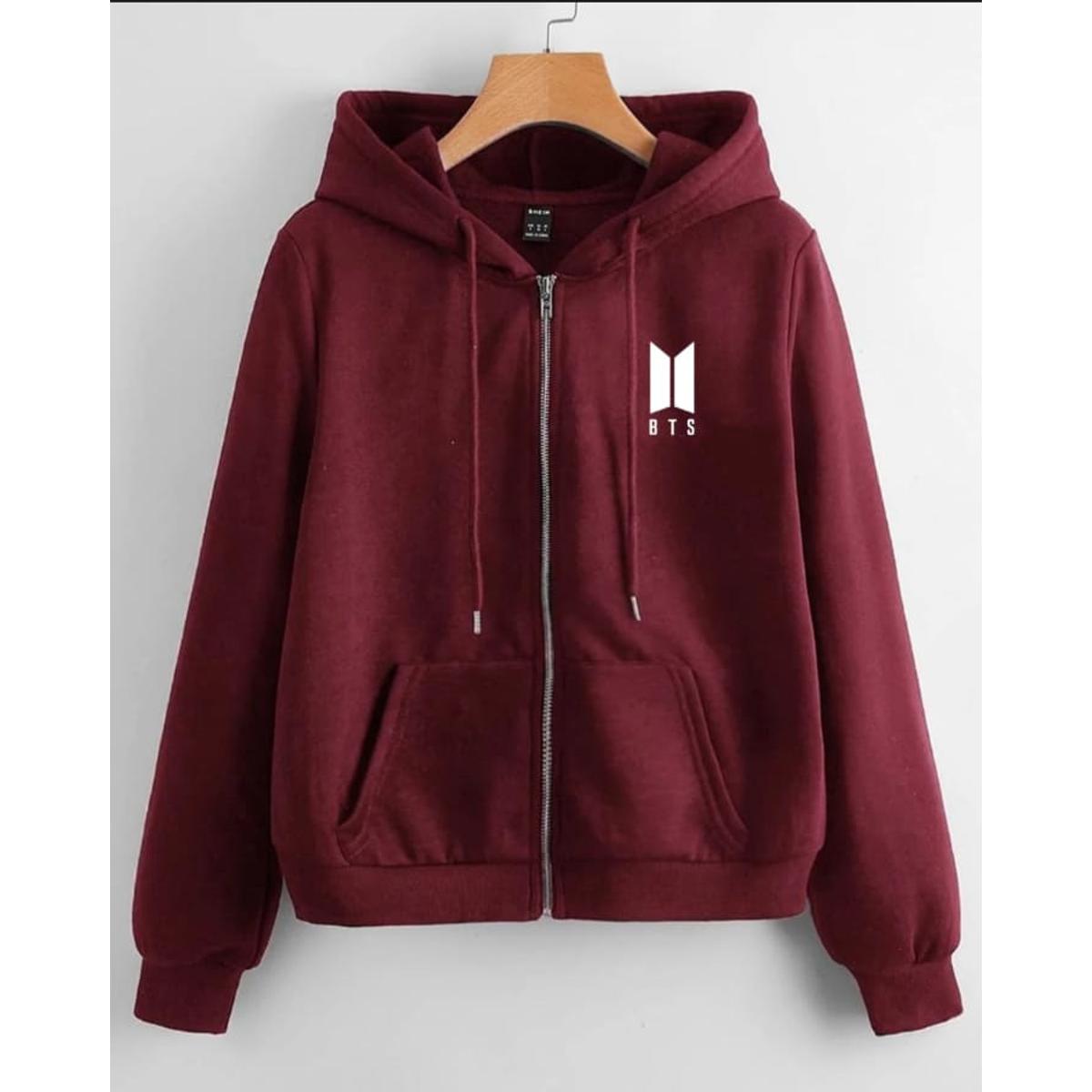 Maroon BTS Fleece Full Sleeves Zipper Hoodie For Women