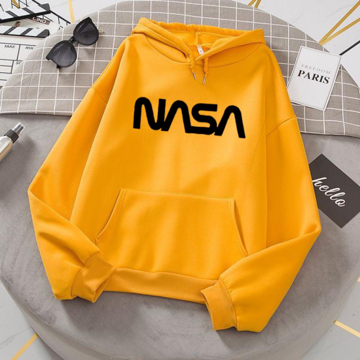 Nasa Yellow Fleece Full Sleeves Pull Over Hoodie For Women