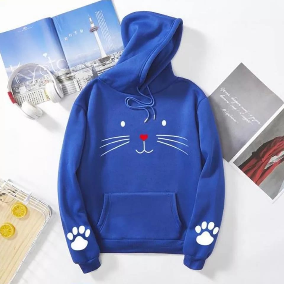 Cute Cat Pow Sleeve Print Fleece Full Sleeves Pull Over Hoodie For Women