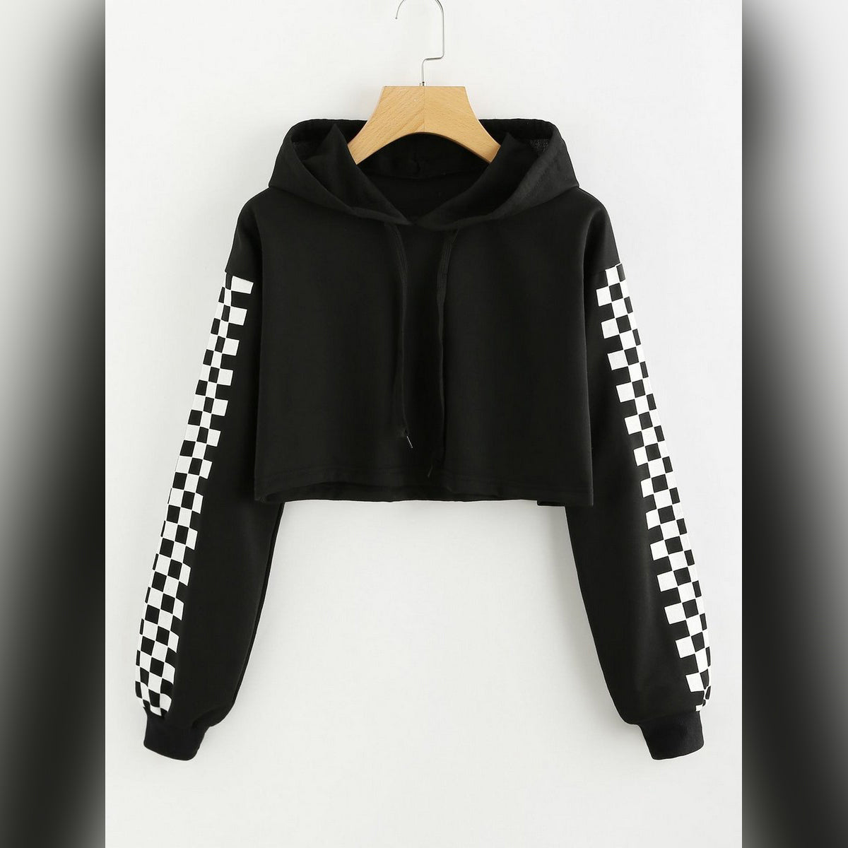 Black Checkered Fleece Full Sleeves Cropped Hoodie For Women