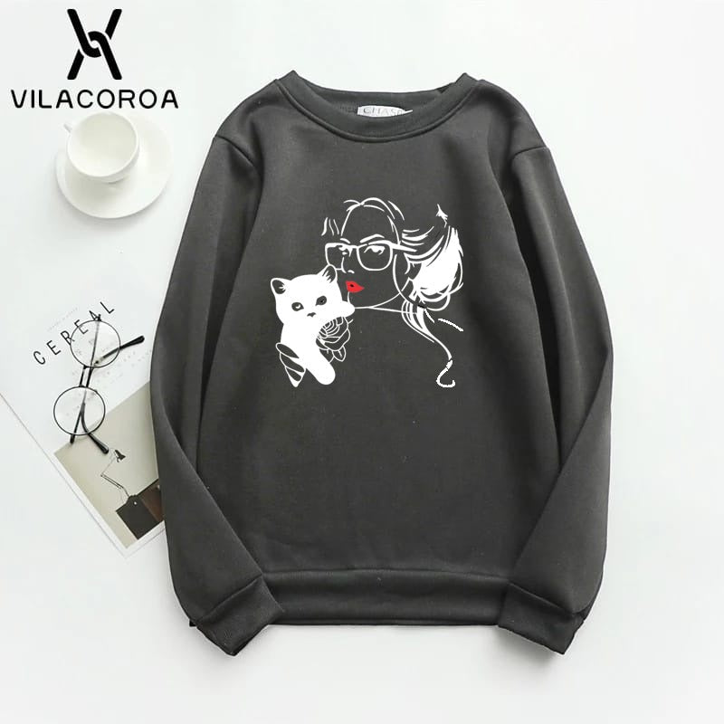 Cat Lover Printed Fleece Full Sleeves Pull Over Sweatshirt For Women