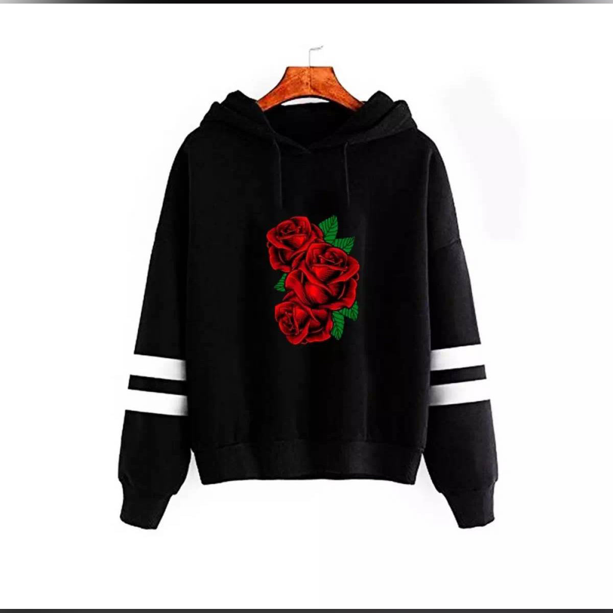 Black Roses Fleece Full Sleeves Pull Over Hoodie For Women