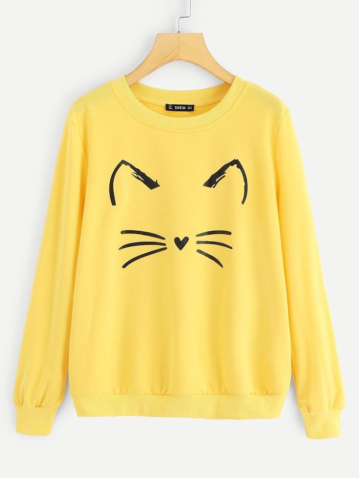 Cat  Printed Fleece Full Sleeves Pull Over Sweatshirt For Women