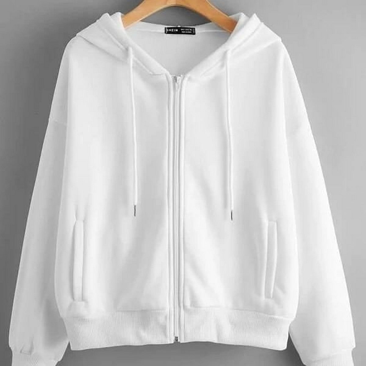 White Plain Fleece Full Sleeves Zipper Hoodie For Women