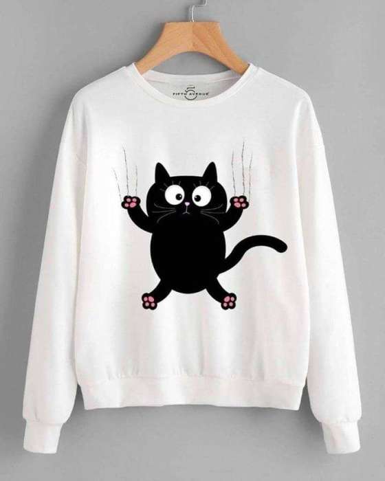 White Cat Printed Sweat Shirt For Women - AceCart Warm Hooded Sweatshirt in White