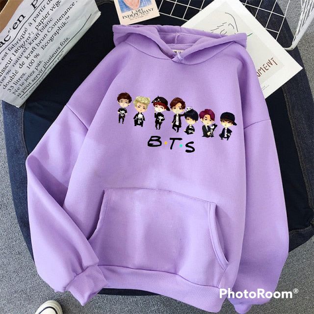 BTS Anime Fleece Full Sleeves Pull Over  Hoodie For Women