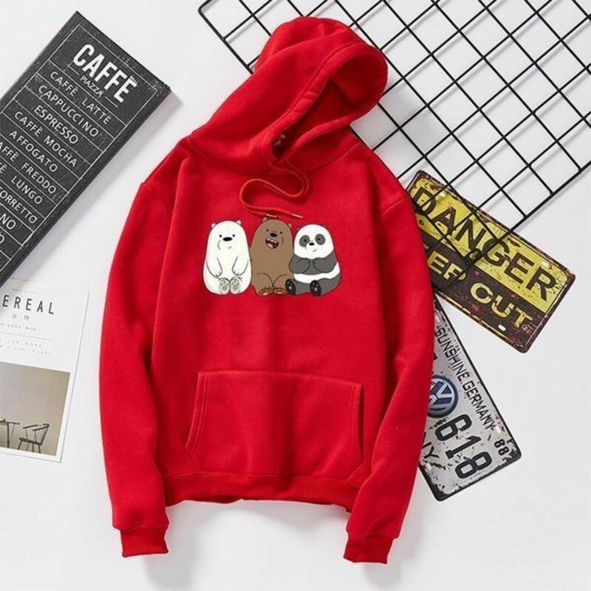 Red Bare Bears Printed Fleece Full Sleeves Pull Over Hoodie For Women