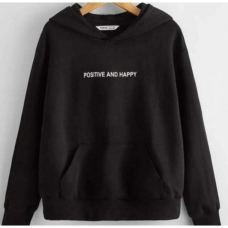 Black Positive And Happy Fleece Full Sleeves Pull Over Hoodie For Women