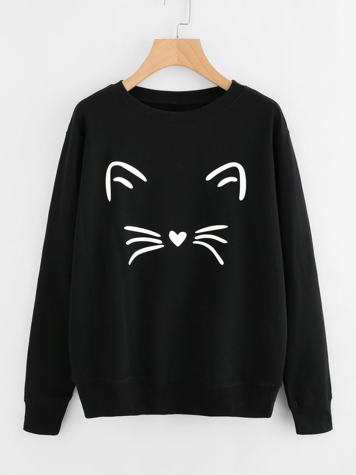 Cat  Printed Fleece Full Sleeves Pull Over Sweatshirt For Women