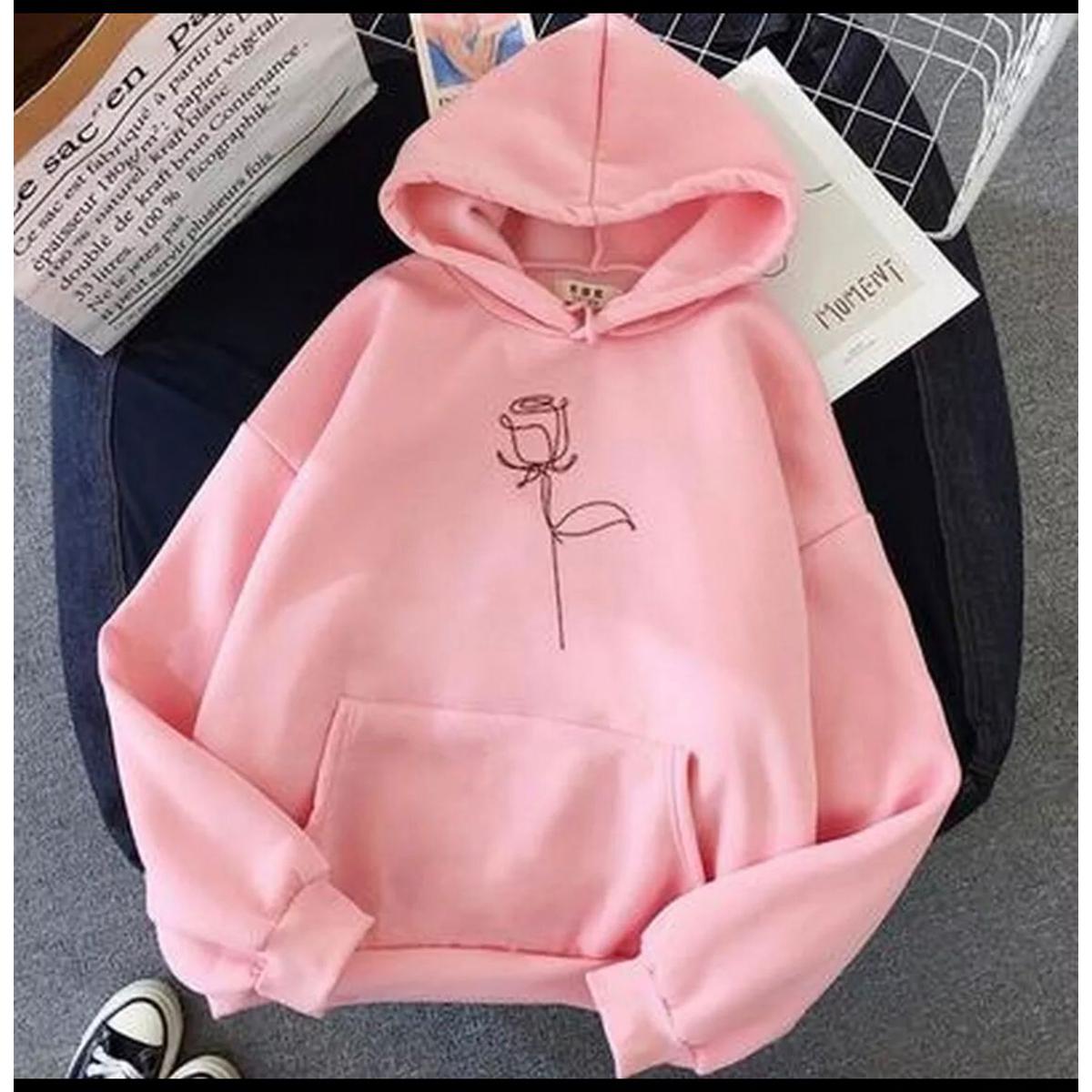 Pink Line Art Rose Printed Fleece Full Sleeves Pull Over Hoodie For Women