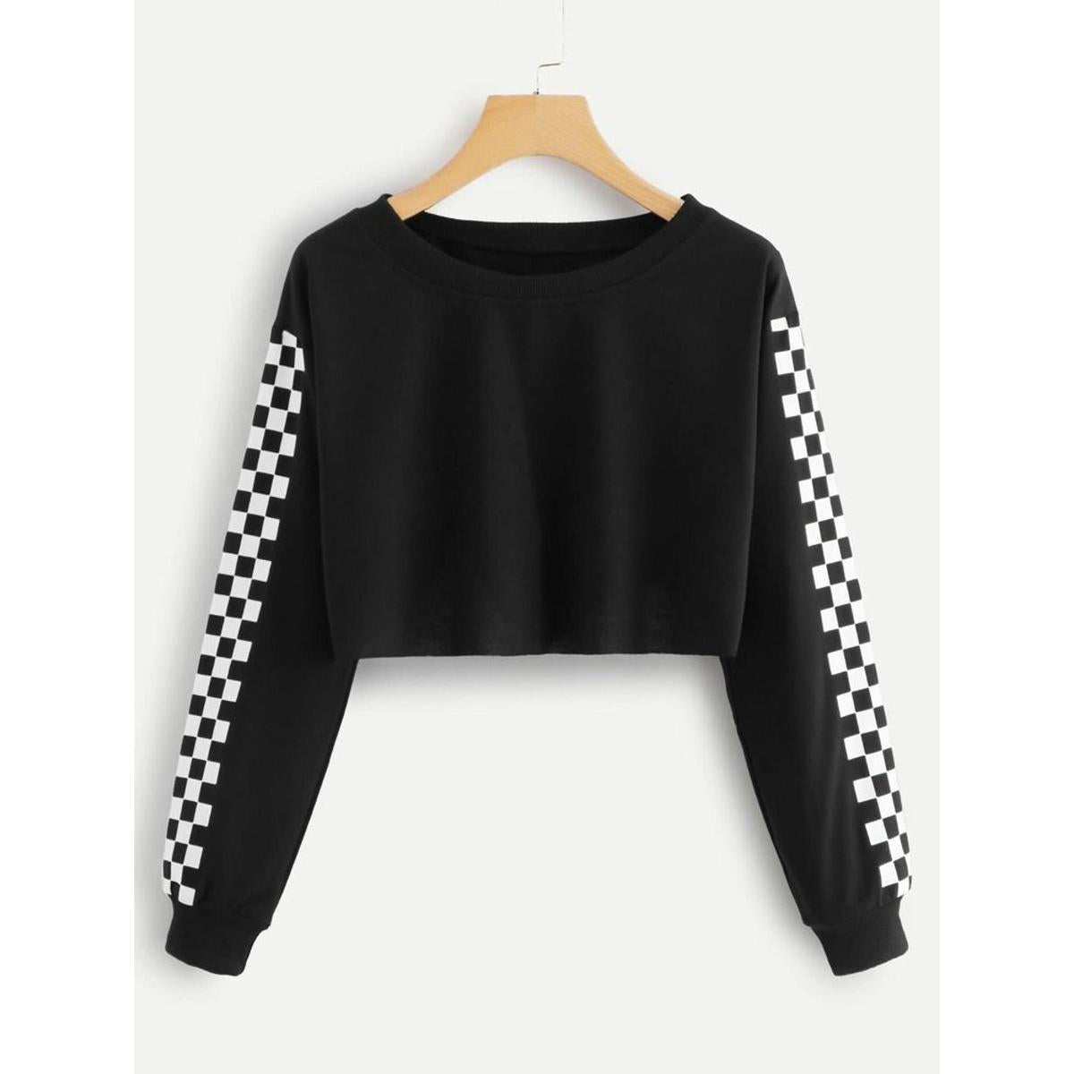 Black Checkered Fleece Full Sleeves Cropped Sweat Shirt For Women