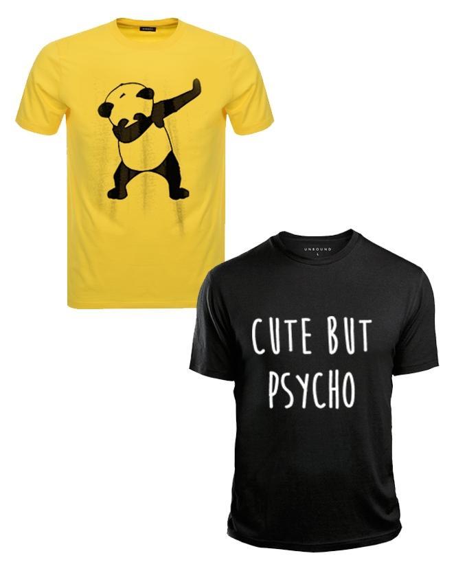 Pack Of 2 - Yellow Panda Dap and Black Cute But Psycho Cotton Printed T-Shirt - Front View - AceCart